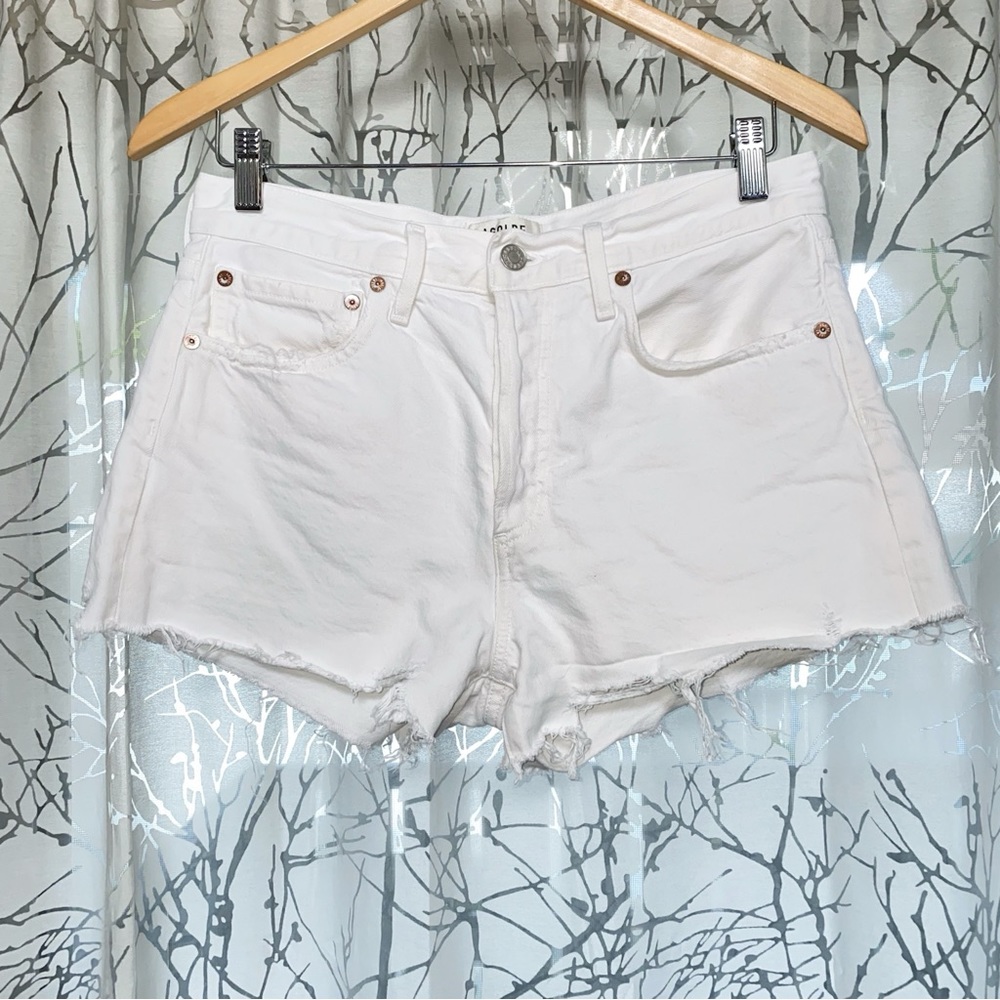 AGOLDE white PARKER high rise waisted frayed edge jean shorts